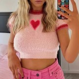 Autumn Winter Fashion Heart-Shaped Top Round Neck Pullover Slim Knitting Crop Sweater