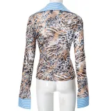 Women's Leopard Stripes Print Turndown Collar Long Sleeve Shirt