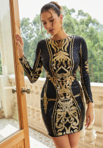 Women long-sleeved Round Neck sexy sequin Formal Party Mini evening dress companion