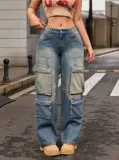 Women Retro Nostalgic Washed Street Cargo Denim Pant