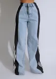 Summer Fashion Patchwork Three Stripes Wide Leg Denim Pants Women's Casual High Waist Stretch Straight Jeans