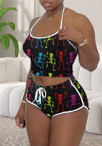 Christmas Women contrast color Halter Neck sexy Top and Shorts Set