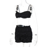Women's Summer Fashion Sexy Strap Crop Top Pleated Shorts Two Piece Set
