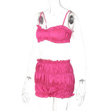 Women's Summer Fashion Sexy Strap Crop Top Pleated Shorts Two Piece Set