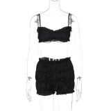Women's Summer Fashion Sexy Strap Crop Top Pleated Shorts Two Piece Set