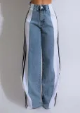 Summer Fashion Patchwork Three Stripes Wide Leg Denim Pants Women's Casual High Waist Stretch Straight Jeans