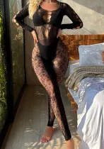 Women Sexy Print See-Through Hollow Mesh Leopard Jumpsuit Sexy Lingerie