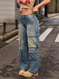 Women Retro Nostalgic Washed Street Cargo Denim Pant