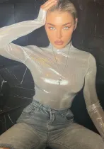 Women Fall Solid Round Neck Shiny Long Sleeve Crop Top