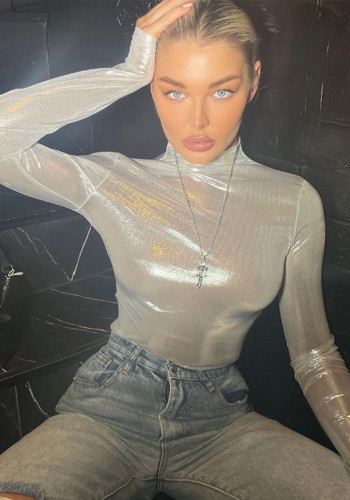 Women Fall Solid Round Neck Shiny Long Sleeve Crop Top