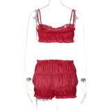 Women's Summer Fashion Sexy Strap Crop Top Pleated Shorts Two Piece Set