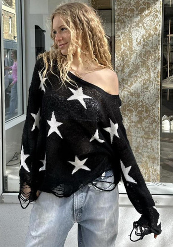 Women American street five-pointed star print irregular Slash Shoulder long-sleeved ripped sweater