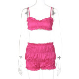 Women's Summer Fashion Sexy Strap Crop Top Pleated Shorts Two Piece Set