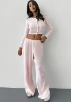 Women solid elastic waist hole material knitting Pant