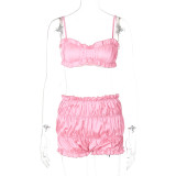 Women's Summer Fashion Sexy Strap Crop Top Pleated Shorts Two Piece Set