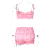 Women's Summer Fashion Sexy Strap Crop Top Pleated Shorts Two Piece Set
