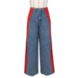 Summer Fashion Patchwork Three Stripes Wide Leg Denim Pants Women's Casual High Waist Stretch Straight Jeans