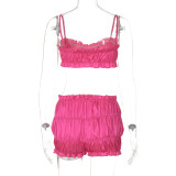 Women's Summer Fashion Sexy Strap Crop Top Pleated Shorts Two Piece Set