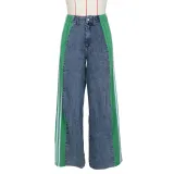 Summer Fashion Patchwork Three Stripes Wide Leg Denim Pants Women's Casual High Waist Stretch Straight Jeans
