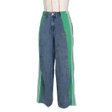 Summer Fashion Patchwork Three Stripes Wide Leg Denim Pants Women's Casual High Waist Stretch Straight Jeans