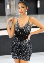 Women Beaded sexy suspender v-neck Bodycon Formal Party Dress