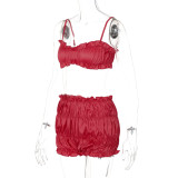 Women's Summer Fashion Sexy Strap Crop Top Pleated Shorts Two Piece Set