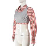 Women's Clothing Turndown Collar Autumn Winter Striped Two-Piece Long Sleeve Shirt