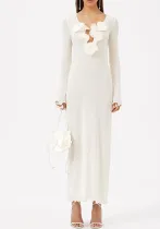 Women Flower Decoration V-Neck Long Sleeve Solid Color Slit Long Dress