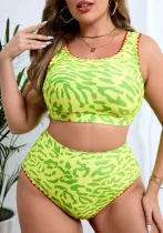 Plus Size Bikini Green Leopard High Waist Two Piece Swimsuit
