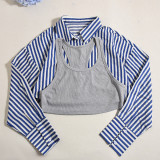 Women's Clothing Turndown Collar Autumn Winter Striped Two-Piece Long Sleeve Shirt