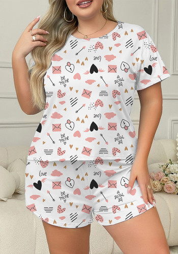Plus Size Pajamas Summer Heart Print Print Short Sleeve Shorts Set Women's Home Clothes