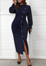 Women's Sexy Plus Size Solid Color Long Sleeve Button Long Dress