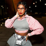 Women's Clothing Turndown Collar Autumn Winter Striped Two-Piece Long Sleeve Shirt