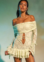 Women's Autumn Solid Color Sexy Mesh Off Shoulder See-Through Long Sleeve Lace-Up Dress