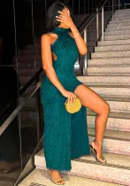 Halter Neck Fur Texture Women Sexy Slim Split Low Back Dress