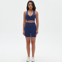 Seamless Knitting High Stretch Tight Fitting Sexy Yoga Suit Cross Tank Bra Running Fitness Shorts Two-Piece Set