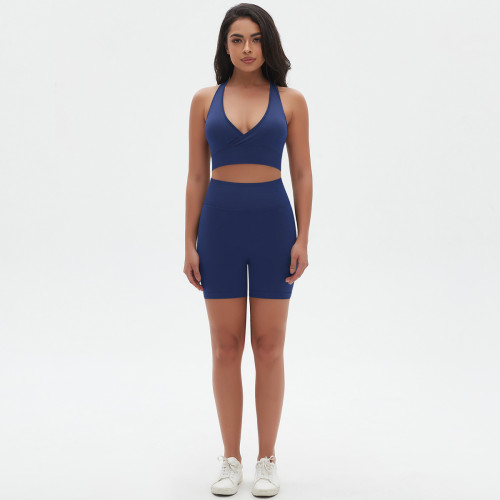 Seamless Knitting High Stretch Tight Fitting Sexy Yoga Suit Cross Tank Bra Running Fitness Shorts Two-Piece Set