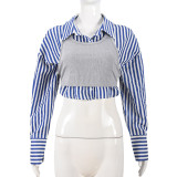 Women's Clothing Turndown Collar Autumn Winter Striped Two-Piece Long Sleeve Shirt
