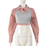 Women's Clothing Turndown Collar Autumn Winter Striped Two-Piece Long Sleeve Shirt