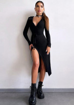 Autumn Winter Long Sleeve Sexy Tie Slim Waist Split Long Dress