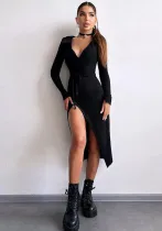 Autumn Winter Long Sleeve Sexy Tie Slim Waist Split Long Dress