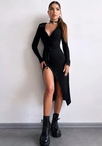 Autumn Winter Long Sleeve Sexy Tie Slim Waist Split Long Dress