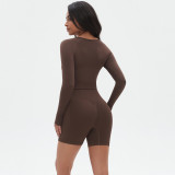Yoga Suit Seamless Slim Running Training Sports Fitness Long Sleeve Two Piece Shorts Set