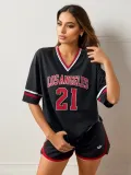 Women Striped V-neck ribbon half-sleeved Women sports los Angles printed T-shirt