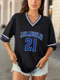 Women Striped V-neck ribbon half-sleeved Women sports los Angles printed T-shirt