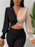 Women color block Patchwork v-neck long-sleeved color-blocked shirt