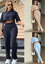 Women Round Neck short-sleeved Top and Pant Two-piece set