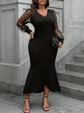 Plus Size Women v-neck sexy Bodycon lace Patchwork fishtail skirt