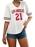 Women Striped V-neck ribbon half-sleeved Women sports los Angles printed T-shirt