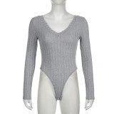 Autumn Winter Knitting V-Neck Women's Tight Fitting Long-Sleeved Bodysuit